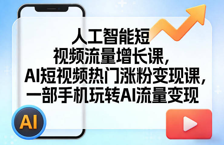 人工智能短视频流量增长课,AI短视频热门涨粉变现课,一部手机玩转AI流量变现