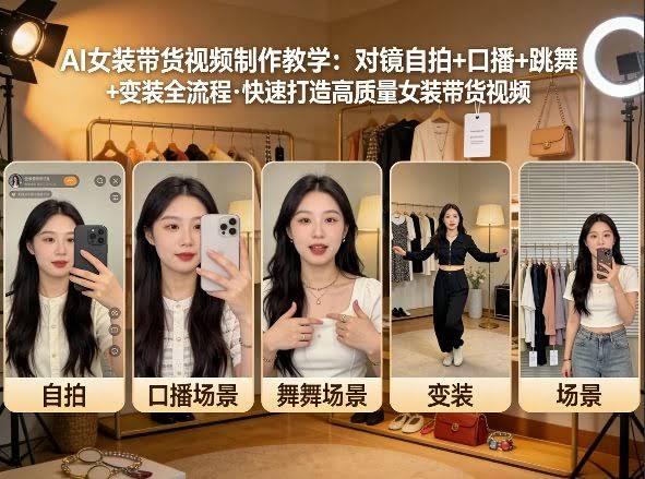AI女装带货视频制作教学,对镜自拍、口播、跳舞、变装全流程,快速打造高质量女装带货视频