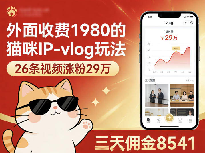外面收费1980的猫咪IP-vlog玩法,26条视频涨粉29W,三天佣金8541
