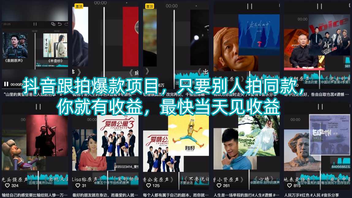 抖音跟拍爆款项目,只要别人拍同款,你就有收益,最快当天见收益