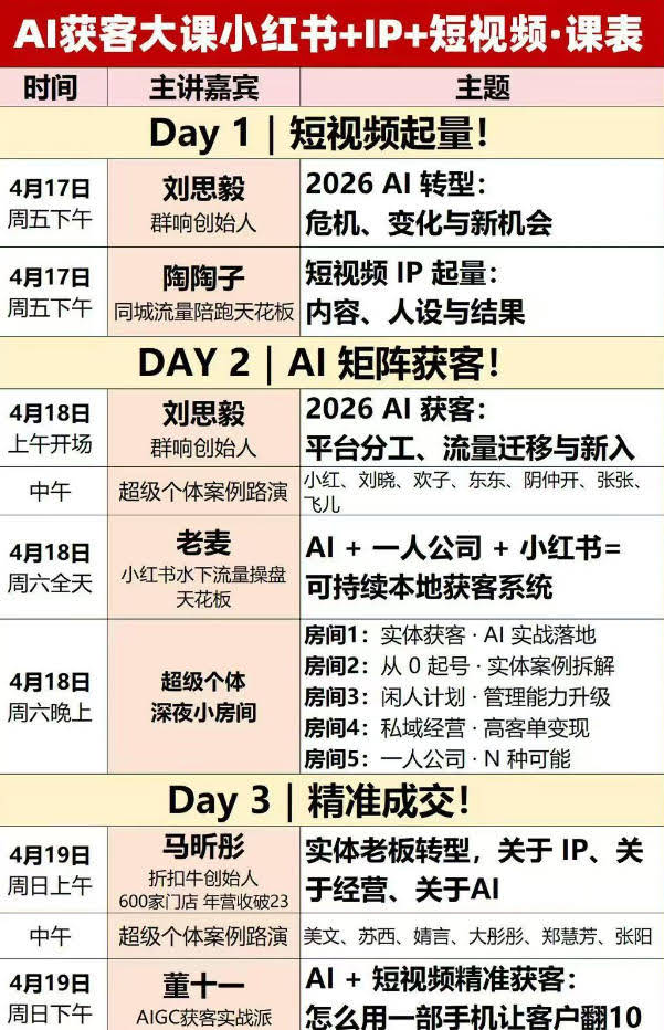 AI获客大课小红书+IP+短视频3天2夜线下课,用最真实的一线案例,最前沿的AI工具,最有效的流量打法