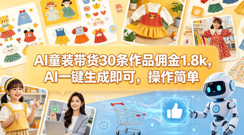 AI童装带货30条作品佣金1.8k,AI一键生成即可,操作简单