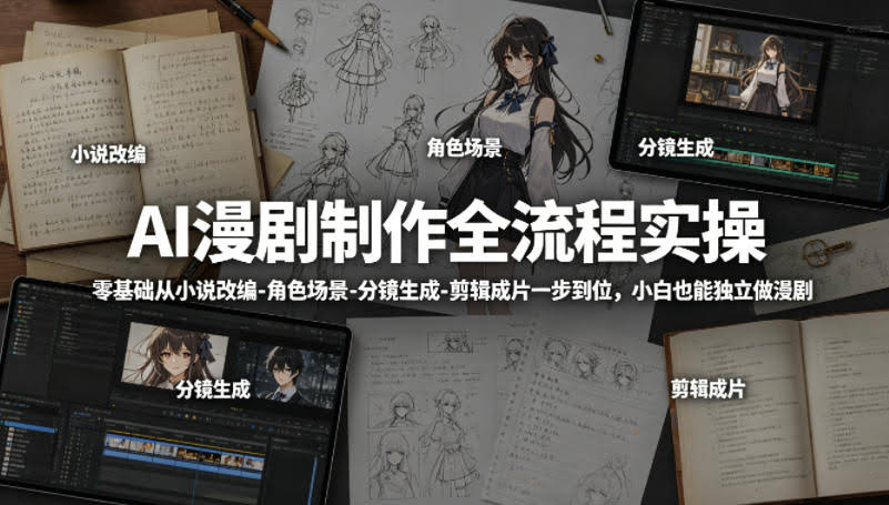 AI漫剧制作全流程实操,零基础从小说改编-角色场景-分镜生成-剪辑成片一步到位,小白也能独立做漫剧