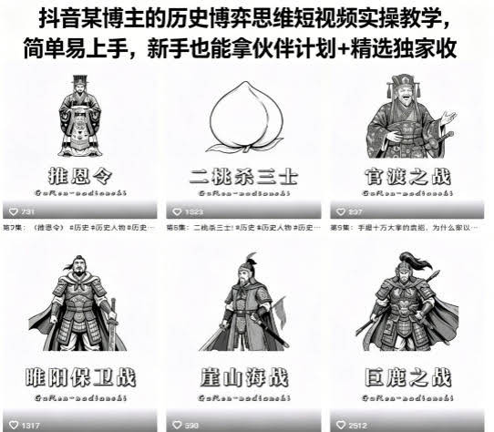 抖音某博主的历史博弈思维短视频实操教学,简单易上手,新手也能拿伙伴计划+精选独家收益