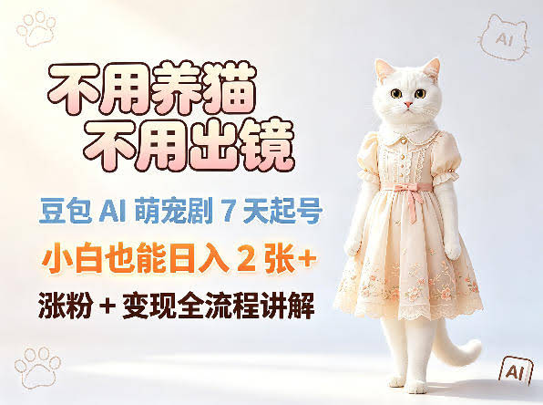 不用养猫不用出镜,豆包AI萌宠剧7天起号,小白也能日入2张+,涨粉+变现全流程讲解