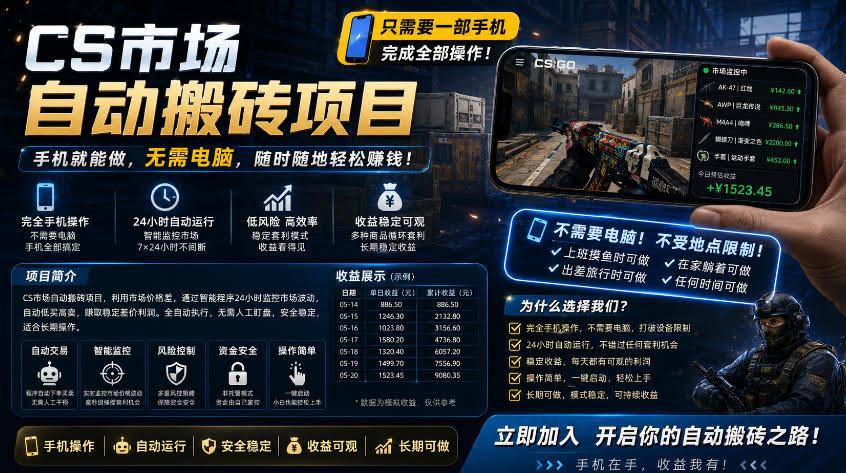 手机即可操作的CS市场自动搬砖系统|自动监控|自动下单|日入300+【揭秘】