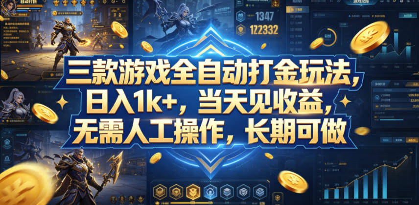 三款游戏全自动打金玩法,日入1k+,当天见收益,无需人工操作,长期可做【揭秘】