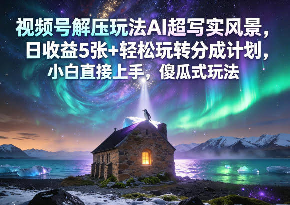 视频号解压玩法AI超写实风景,日收益5张+轻松玩转分成计划,小白直接上手,傻瓜式玩法