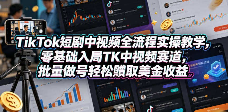 TikTok短剧中视频全流程实操教学,零基础入局TK中视频赛道,批量做号轻松賺取美金收益
