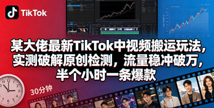 某大佬最新TikTok中视频搬运玩法,实测破解原创检测,流量稳冲破万,半个小时一条爆款