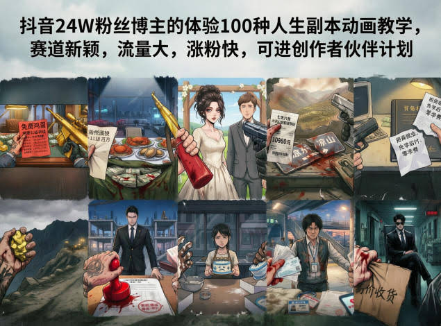 抖音24W粉丝博主的体验100种人生副本动画教学,赛道新颖,流量大,涨粉快,可进创作者伙伴计划