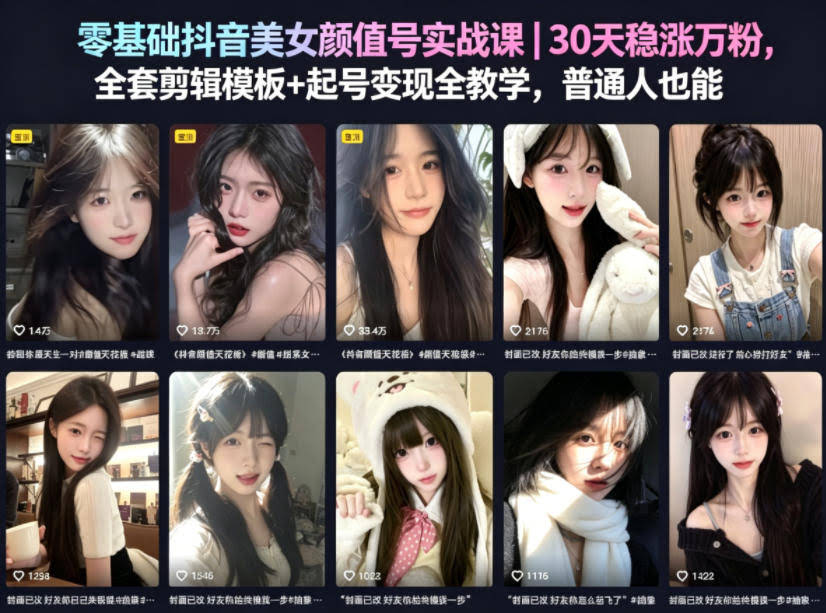 零基础抖音美女颜值号实战课|30天稳涨万粉,全套剪辑模板+起号变现全教学,普通人也能复制