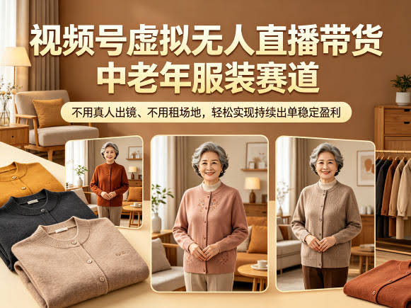 视频号虚拟无人直播带货中老年服装赛道,不用真人出镜、不用租场地,轻松实现持续出单稳定盈利