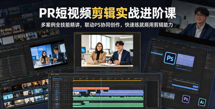 PR短视频剪辑实战进阶课,多案例全技能精讲,联动PS协同创作,快速练就商用剪辑能力