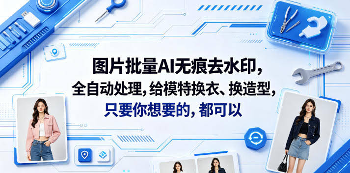 图片批量AI无痕去水印,全自动处理,给模特换衣、换造型,只要你想要的,都可以(软件+视频教程)