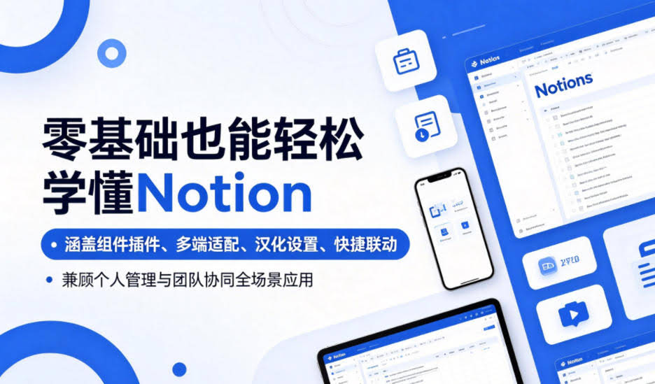 零基础也能轻松学懂Notion,涵盖组件插件、多端适配、汉化设置、快捷联动,兼顾个人管理与团队协同全场景应用