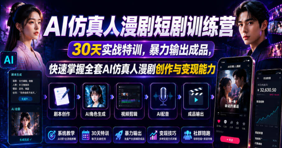 AI仿真人漫剧短剧训练营,30天实战特训,暴力输出成品,快速掌握全套AI仿真人漫剧创作与变现能力