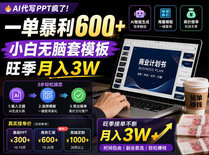 AI代写PPT疯了!一单暴利600+,小白无脑套模板,旺季月入3W,不用苦哈哈引流【揭秘】