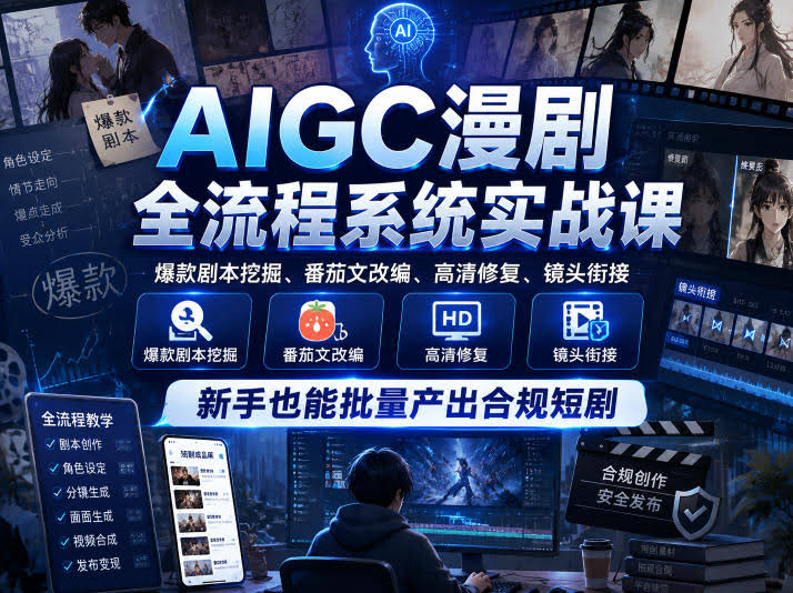 AIGC漫剧全流程系统实战课,爆款剧本挖掘、番茄文改编、高清修复、镜头衔接,新手也能批量产出合规短剧