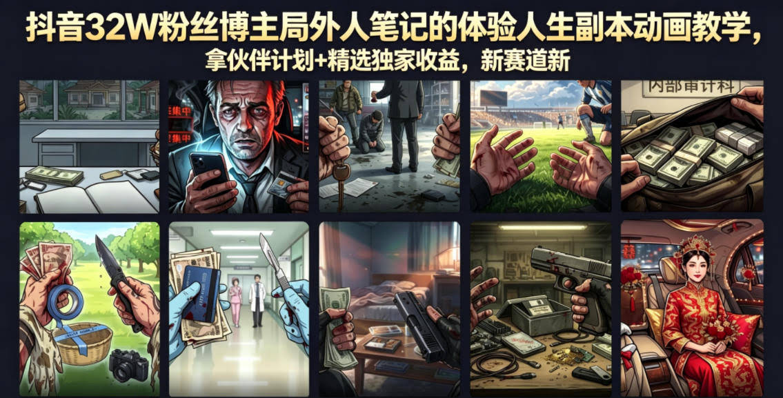 抖音32W粉丝博主局外人笔记的体验人生副本动画教学,拿伙伴计划+精选独家收益,新赛道新涨粉快【录制版】