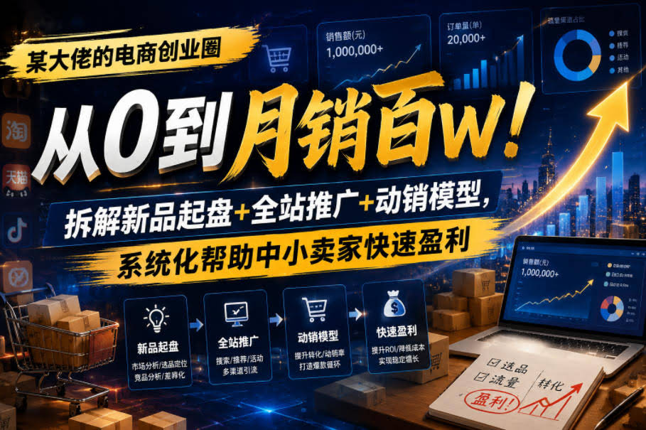 某大佬的电商创业圈从0到月销百W!拆解新品起盘+全站推广+动销模型,系统化帮助中小卖家快速盈利