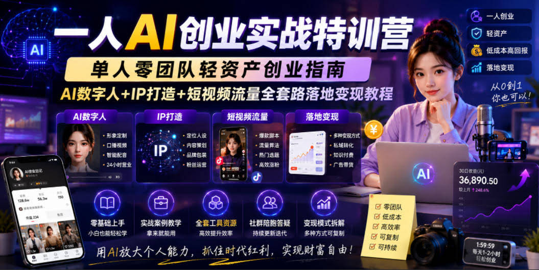 一人AI创业实战特训营,单人零团队轻资产创业指南,AI数字人+IP打造+短视频流量全套路落地变现教程