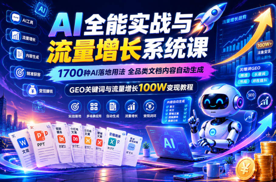 AI全能实战与流量增长系统课,1700种AI落地用法,全品类文档内容自动生成,GEO关键词与流量增长100W变现教程