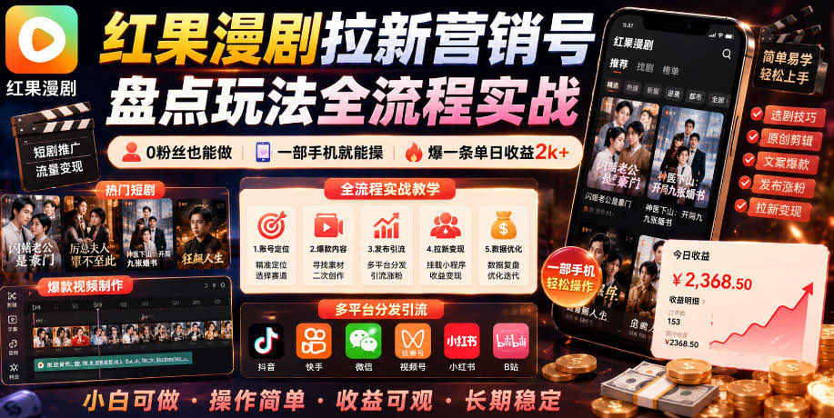 红果漫剧拉新营销号盘点玩法全流程实战,0粉丝也能做,一部手机就能做,爆一条单日收益2k+