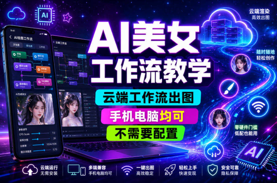 AI美女工作流教学，云端工作流出图，手机电脑均可，不需要配置，快速起号涨粉-航海圈