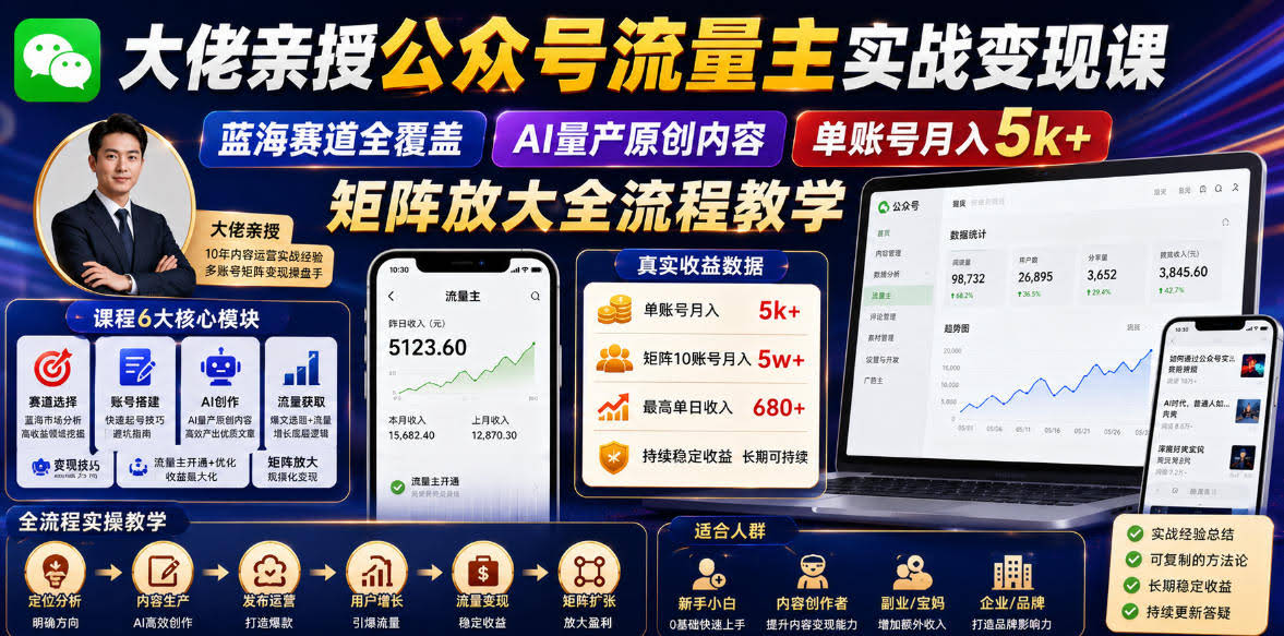 大佬亲授公众号流量主实战变现课,蓝海赛道全覆盖,AI量产原创内容,单账号月入5k+矩阵放大全流程教学