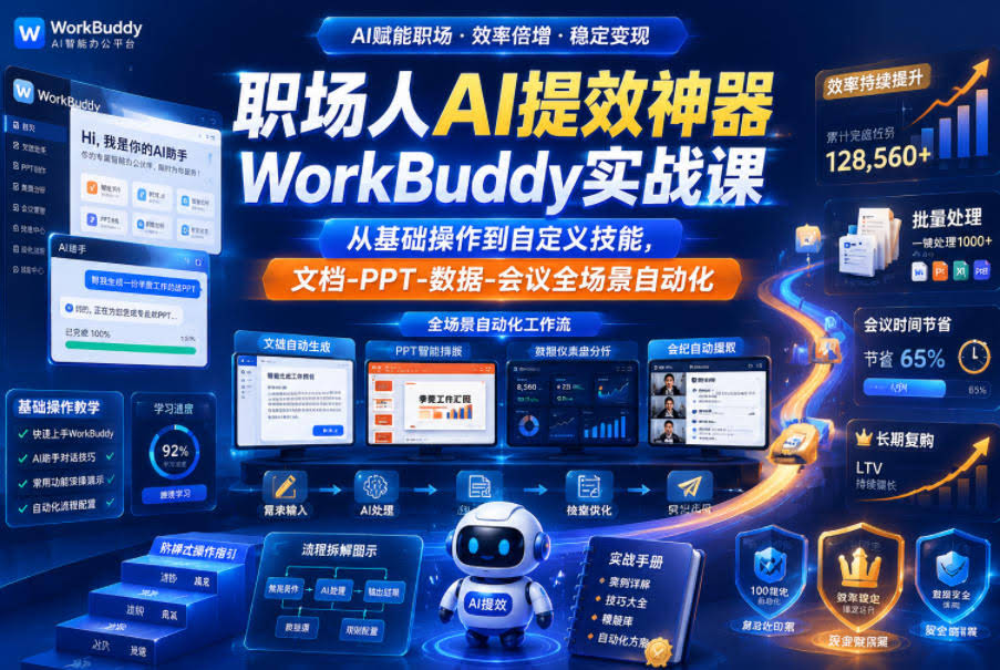 职场人AI提效神器WorkBuddy实战课,从基础操作到自定义技能,文档-PPT-数据-会议全场景自动化