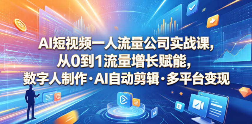 AI短视频一人流量公司实战课,从0到1流量增长赋能,数字人制作・AI自动剪辑・多平台变现,一人做流量生意全落地教程