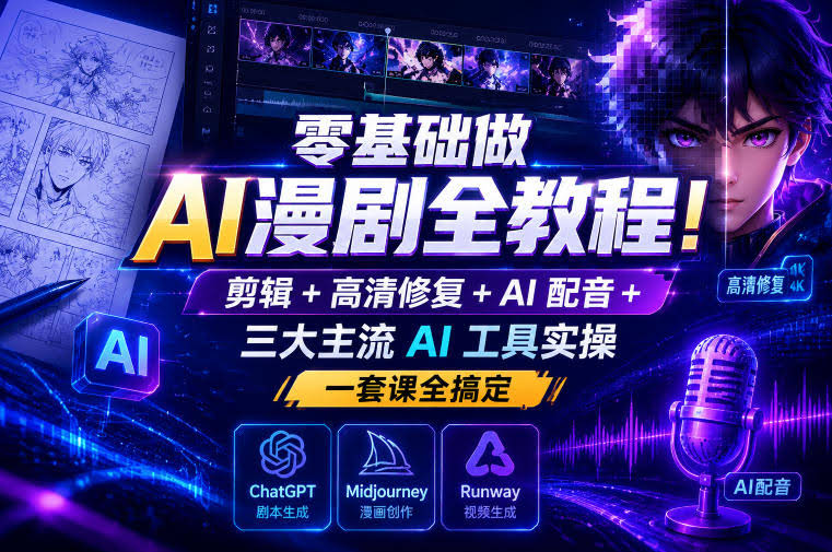 零基础做AI漫剧全教程!剪辑+高清修复+AI配音+三大主流AI工具实操,一套课全搞定