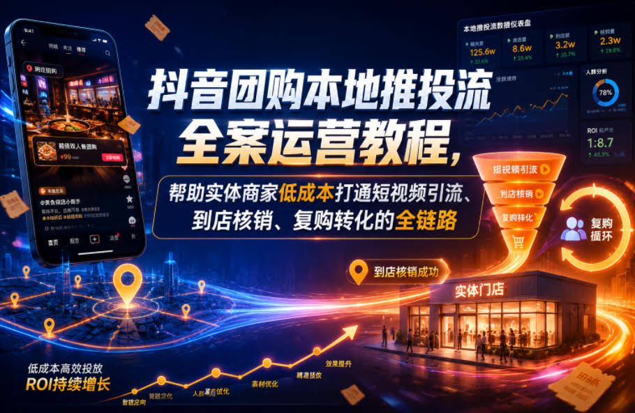 抖音团购本地推投流全案运营教程,帮助实体商家低成本打通短视频引流、到店核销、复购转化的全链路