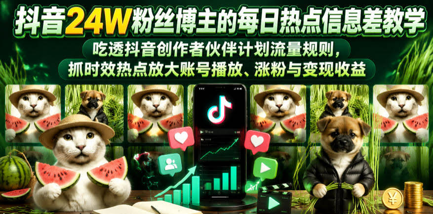 抖音24W粉丝博主的每日热点信息差教学,吃透创作者伙伴计划流量规则,抓时效热点放大账号播放、涨粉与变现收益(更新)