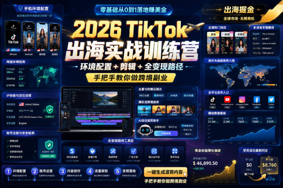 2026 TikTok出海实战训练营,环境配置 + 剪辑 + 全变现路径,手把手教你做跨境副业
