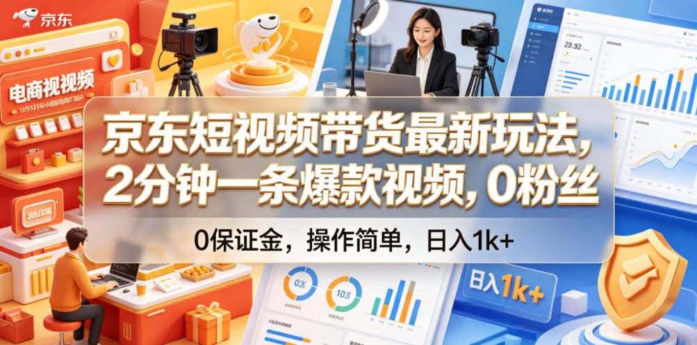 京东短视频带货最新玩法,2分钟一条爆款视频,0粉丝,0保证金,操作简单,日入1k+【揭秘】
