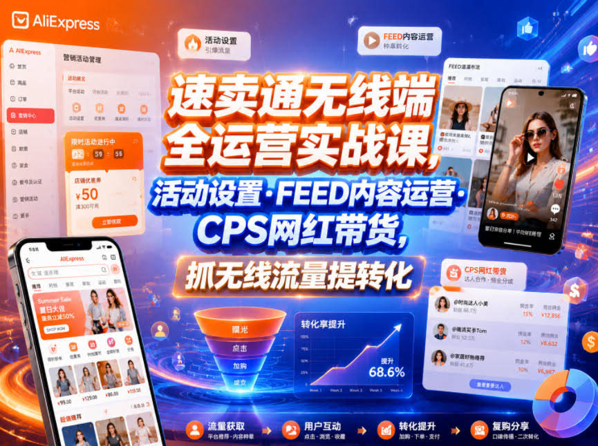 速卖通无线端全运营实战课,活动设置・FEED内容运营・CPS网红带货,抓无线流量提转化