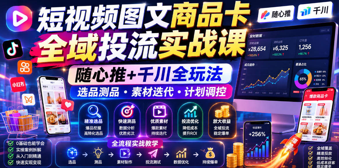 短视频图文商品卡全域投流实战课,随心推+千川全玩法,选品测品・素材迭代・计划调控,提升ROI爆单增收教程