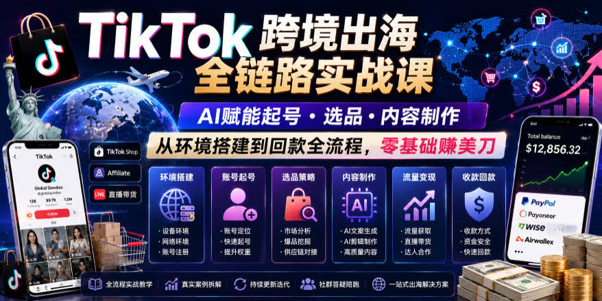 TikTok跨境出海全链路实战课,AI赋能起号・选品・内容制作,从环境搭建到回款全流程,零基础賺美刀