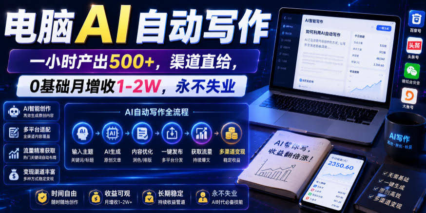 电脑AI自动写作,一小时产出500+,渠道直给,0基础月增收1-2W,永不失业【揭秘】