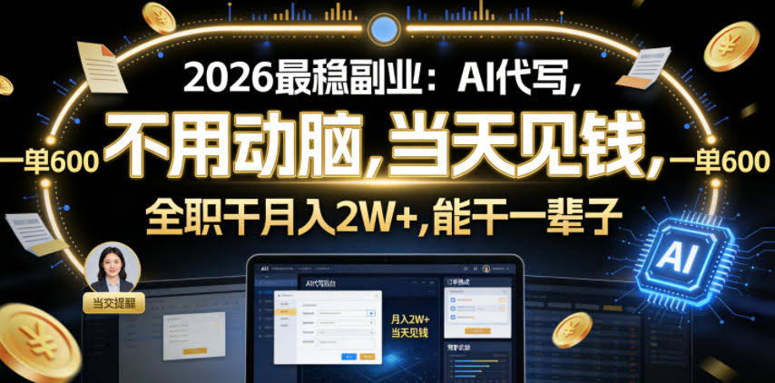 2026最稳副业:AI代写,不用动脑,当天见钱,一单600,全职干月入2W+,能干一辈子【揭秘】