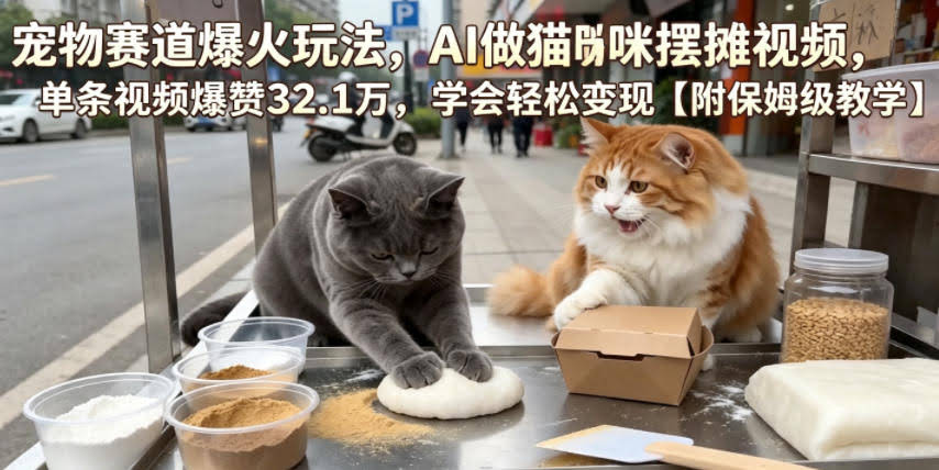 宠物赛道爆火玩法,AI做猫咪摆摊视频,单条视频爆赞32.1万,学会轻松变现【附保姆级教学】