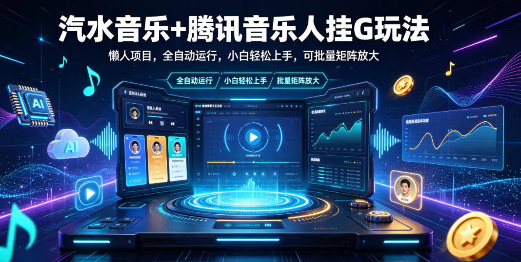 汽水音乐+腾讯音乐人挂G玩法,懒人项目,全自动运行,小白轻松上手,可批量矩阵放大【揭秘】