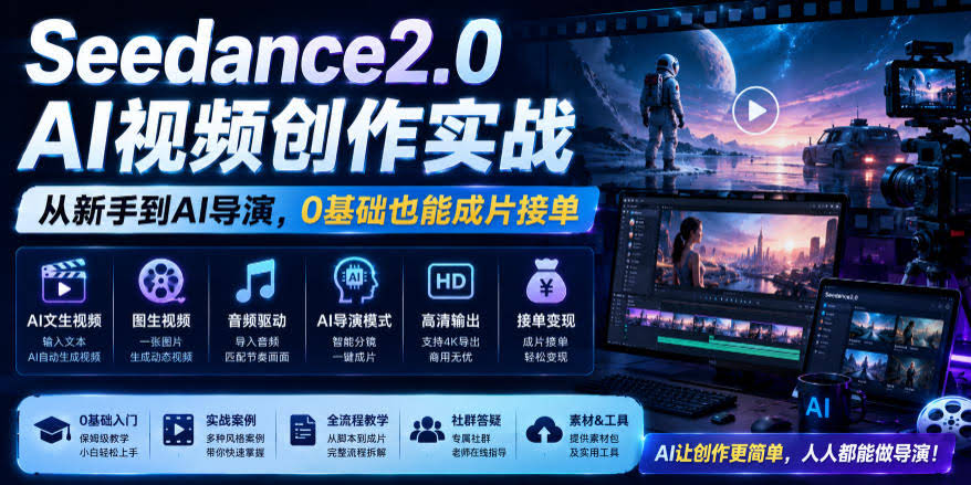 Seedance2.0 AI视频创作实战,从新手到AI导演,0基础也能成片接单变现