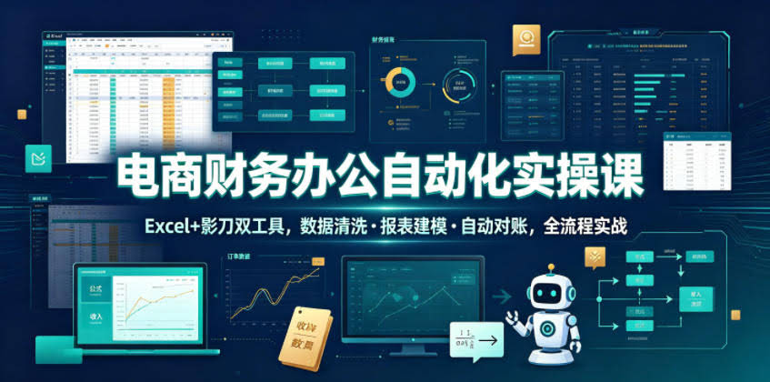 电商财务办公自动化实操课,Excel+影刀双工具,数据清洗・报表建模・自动对账,全流程实战
