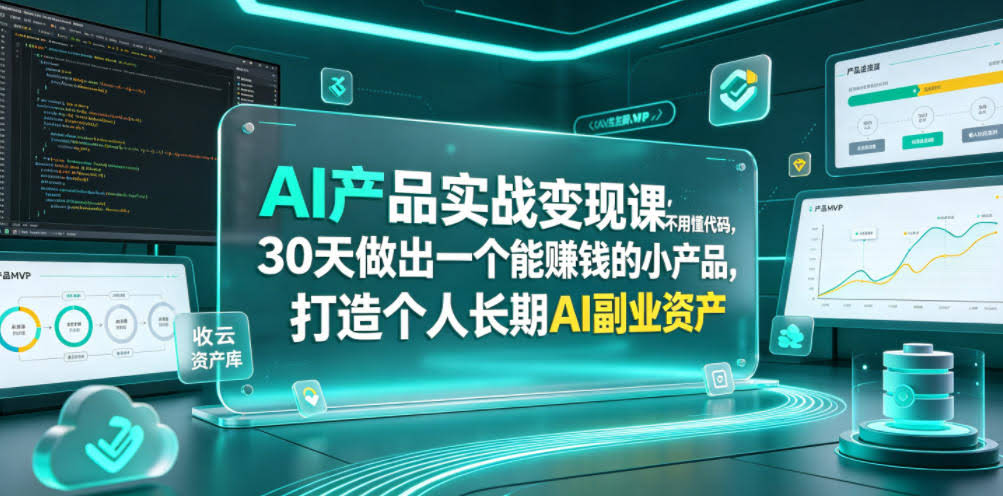 AI产品实战变现课,不用懂代码,30天做出一个能賺钱的小产品,打造个人长期AI副业资产