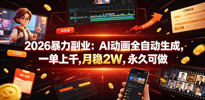 2026暴力副业:AI动画全自动生成,一单上千,月稳2W,永久可做【揭秘】