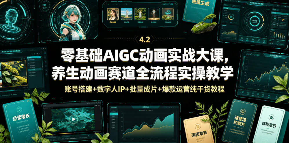 零基础AIGC动画实战大课,养生动画赛道全流程实操教学,账号搭建+数字人IP+批量成片+爆款运营纯干货教程