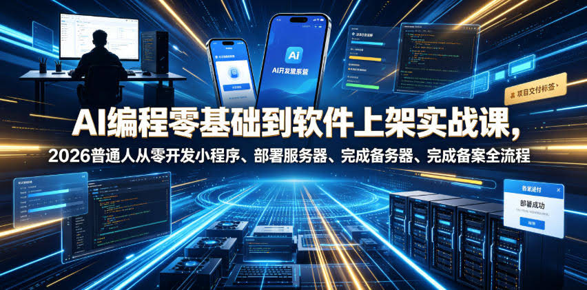AI编程零基础到软件上架实战课,2026普通人从零开发小程序、部署服务器、完成备案全流程项目落地教程